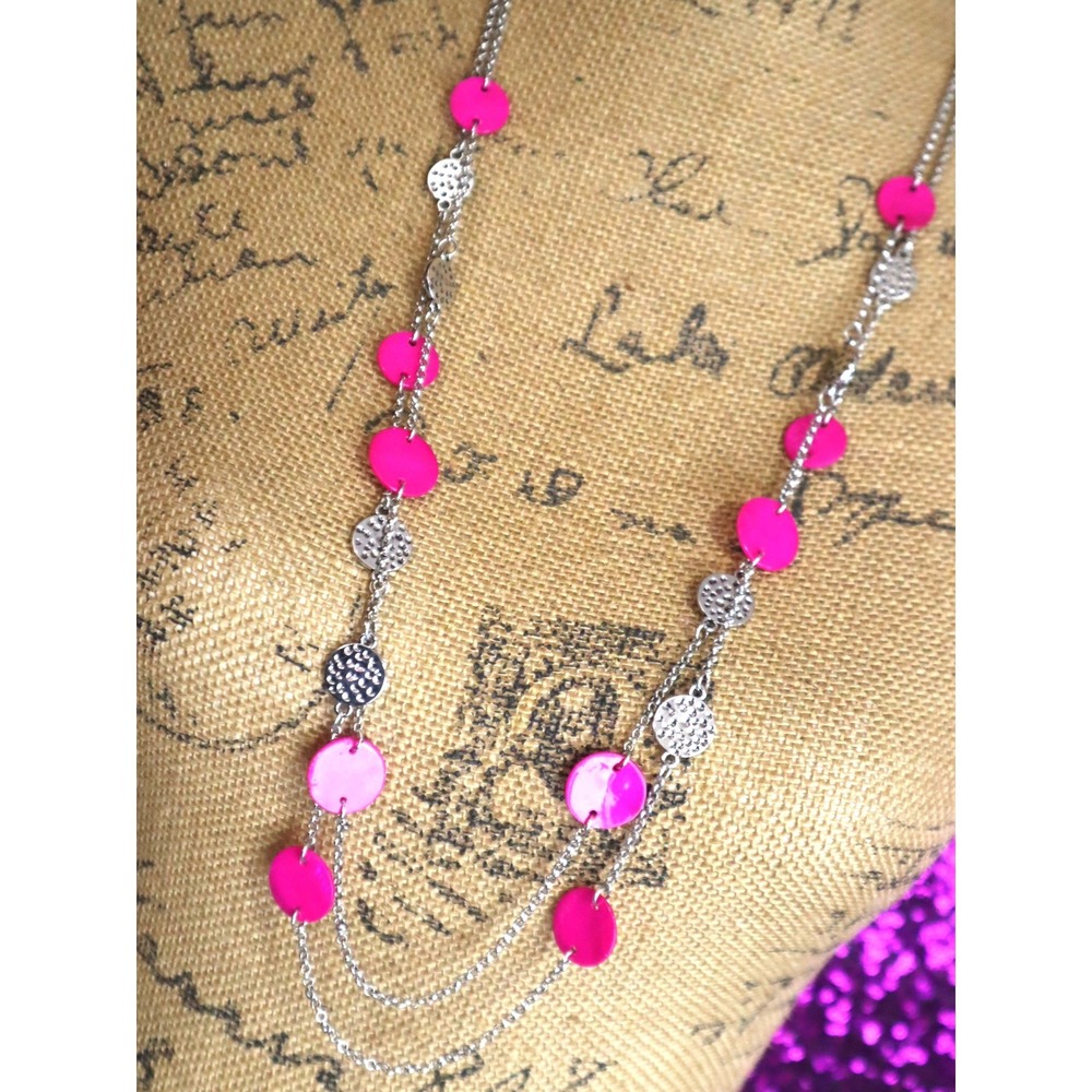 Neon Pink Long Layered Necklace Womens Silver Tone Hammered Disc Long Chain Y2K